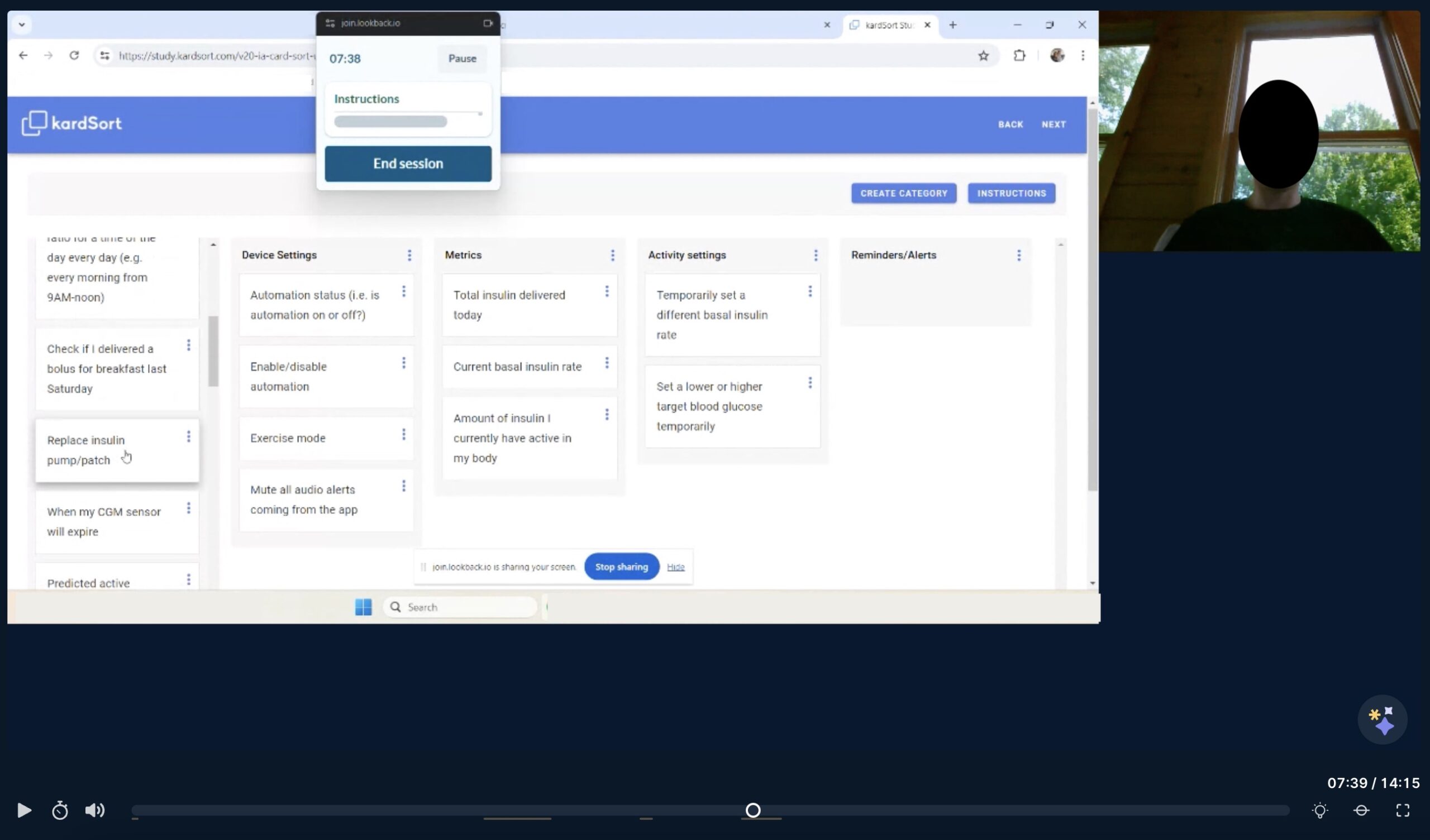 Screenshot of a recording of a participant completing a card sort activity. You can see the participant in the top right corner and their face is covered with a black circle for privacy, and on the left side of the screen, there is a card sorting website with an overlay box that says 'instructions' and 'end session.' At the bottom, it reads that the participant is sharing their screen.