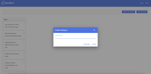 Screenshot of an online card sorting platform. There is a column on the left with unsorted cards, and a pop-up box that asks the user to create a new category name and save.