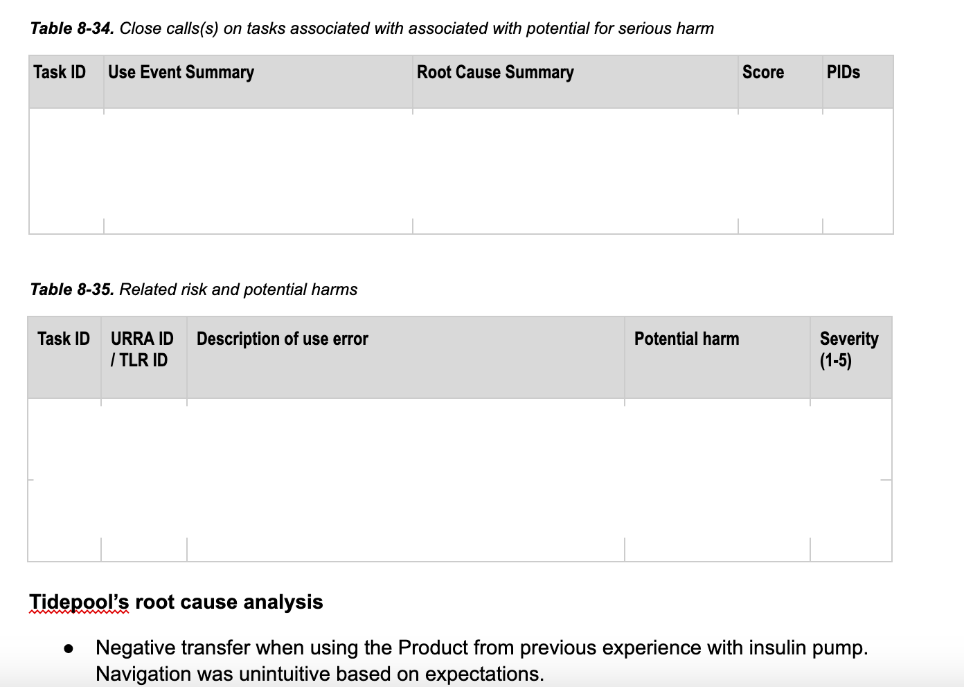 Screenshot of HFE report. It reads "Table 8-34. Close call(s) on tasks associated with the potential for serious harm," and "Table 8-35. Related risk and potential harms." The contents of the table are blocked out. Below the tables it reads "Tidepool's root cause analysis: negative transfer when using the Product from previous experience with insulin pump. Navigation was unintuitive based on expectations."