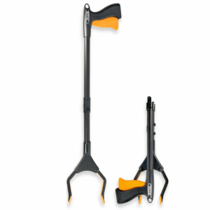 Black and orange plastic grabber, shown extended and also folded in half.