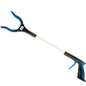 White, blue, and black plastic reacher-grabber with a texturized rubber tip.