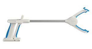 Short white and blue reacher grabber with rubberized tip and a rubber notch on the top of the grabber head.